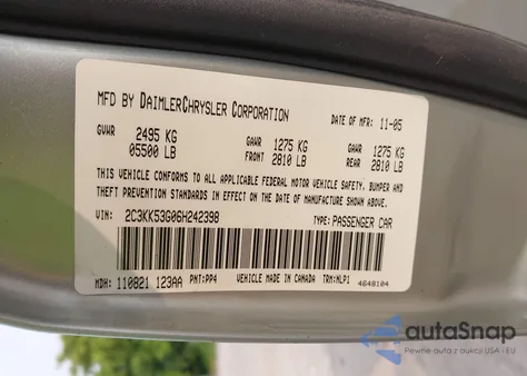 2006 Chrysler 300 Touring from USA, damaged, VIN 2C3KK53G06H242398